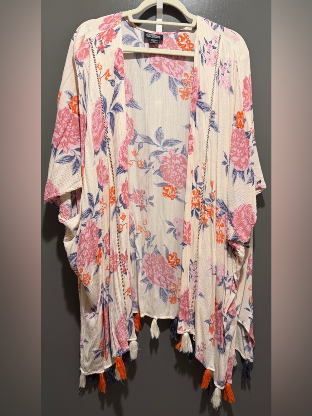 Angie Cream Floral Open Kimono with Pink and Orange Flowers